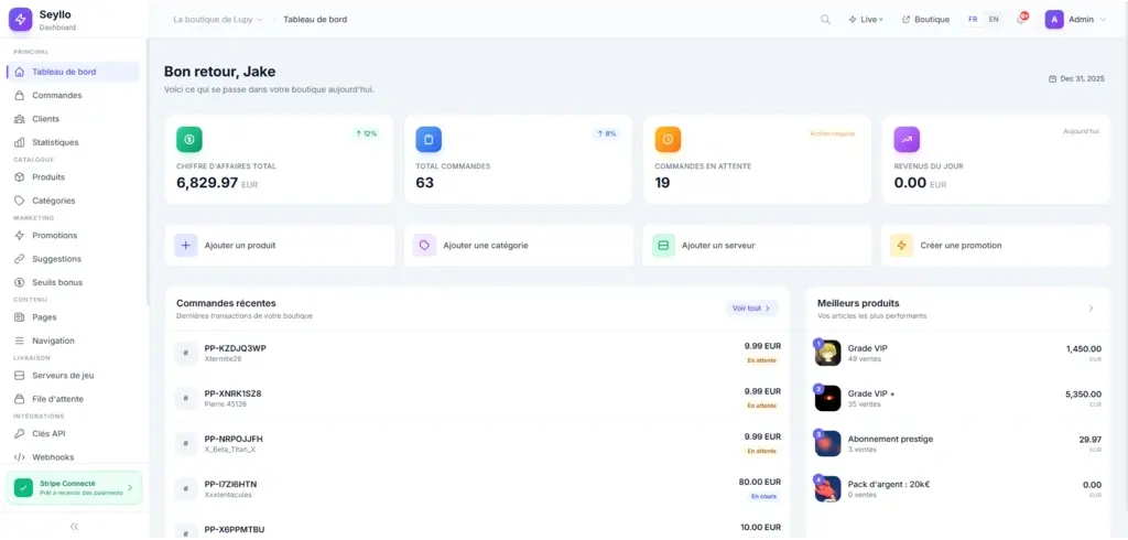 Aperçu du tableau de bord Seyllo - Interface de gestion de boutique pour serveur Minecraft et FiveM
